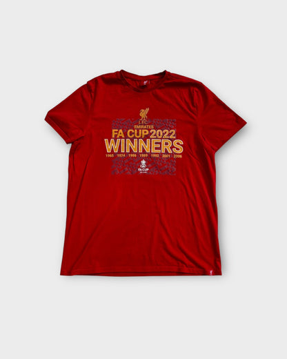 An image of a LiverpoolF.C FA Cup Winners 2022 Tshirt in size M.