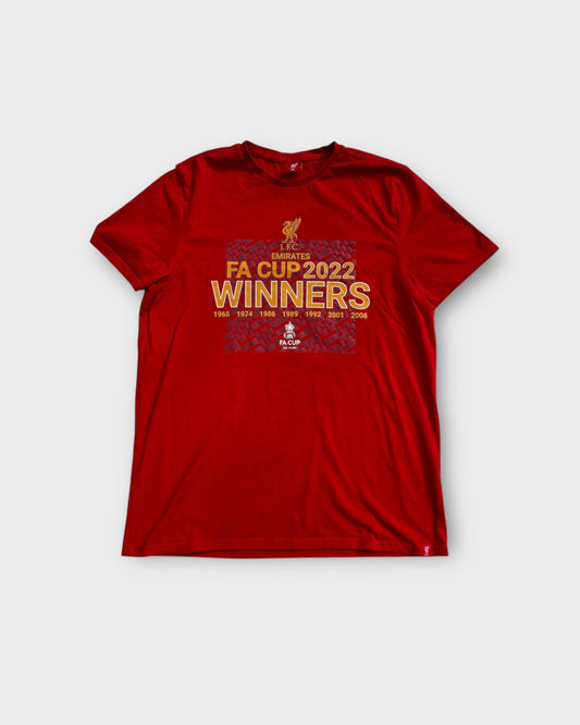 An image of a LiverpoolF.C FA Cup Winners 2022 Tshirt in size M.