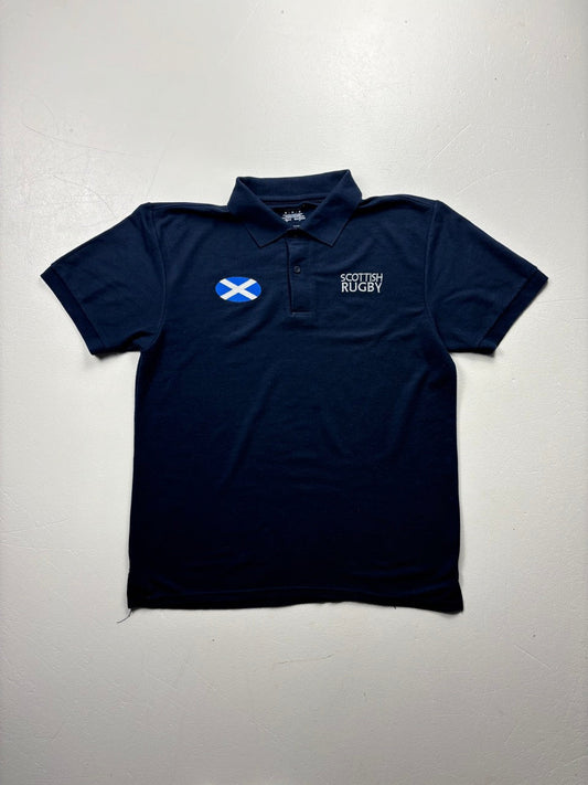 An image of a Gildan Scottish Rugby Navy PoloShirt in size M.